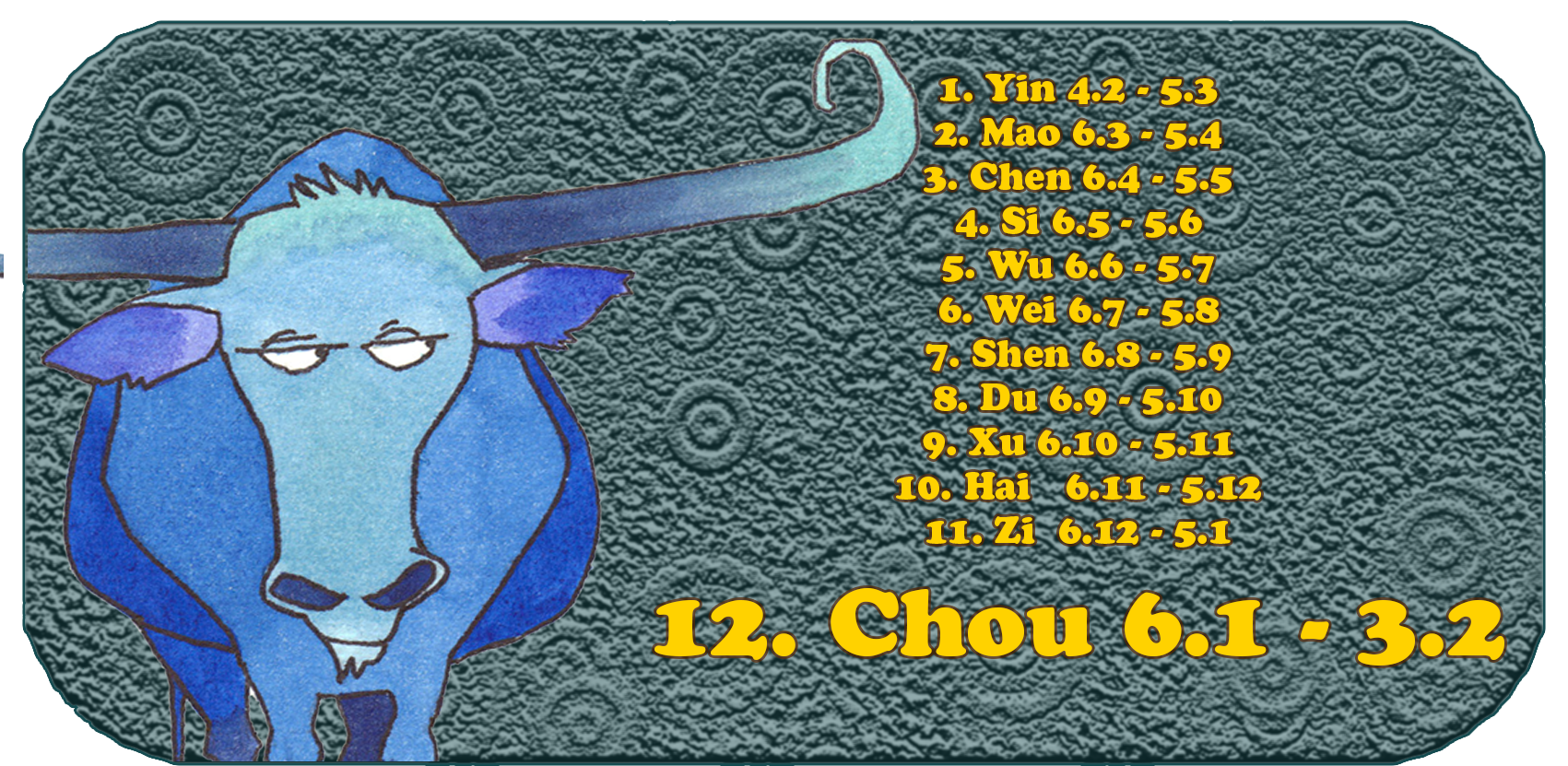 Chinese Zodiac | The Twelve Chinese Animals | Taurus, January, month 12, Chou