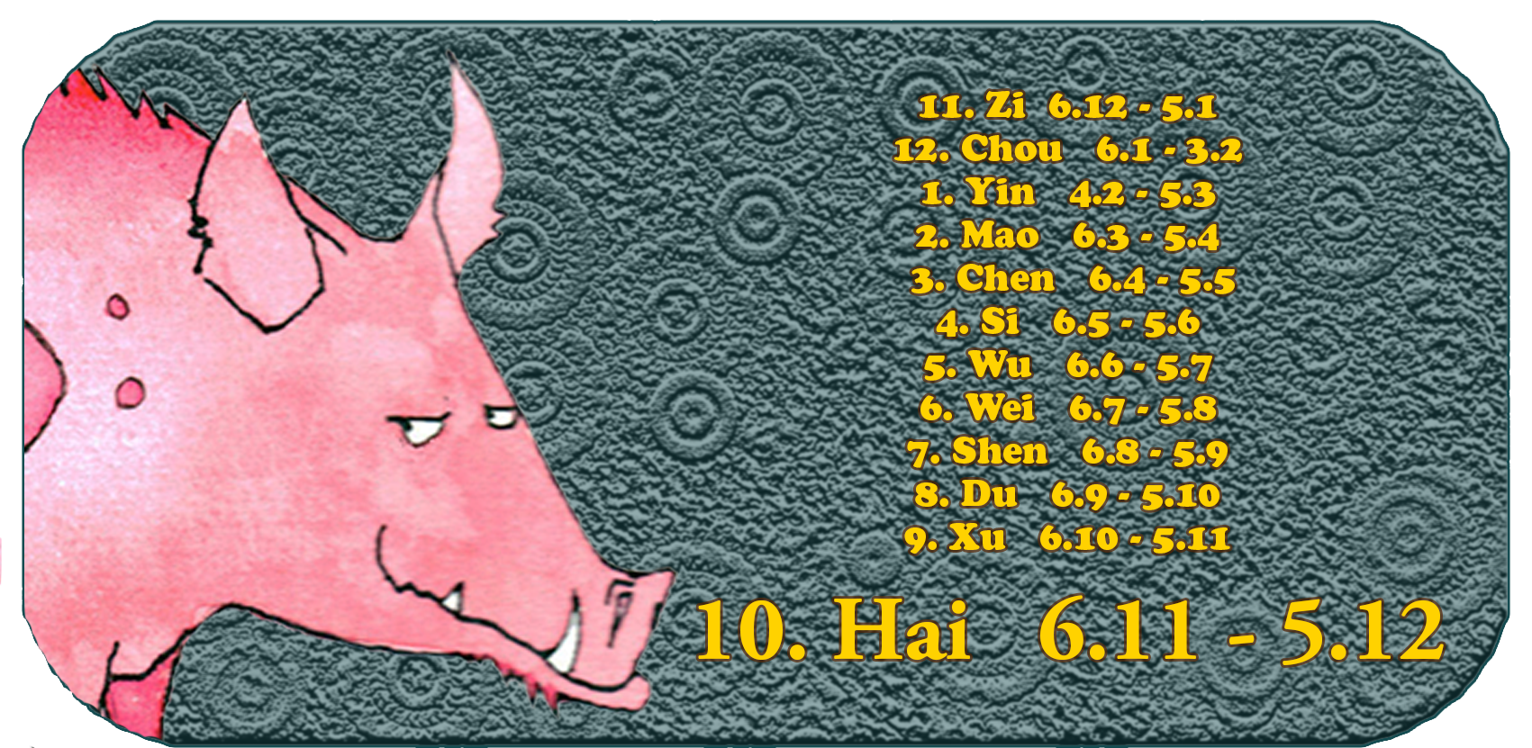 Chinese Zodiac | The Twelve Chinese Animals | Pig, November, month 10, Hai